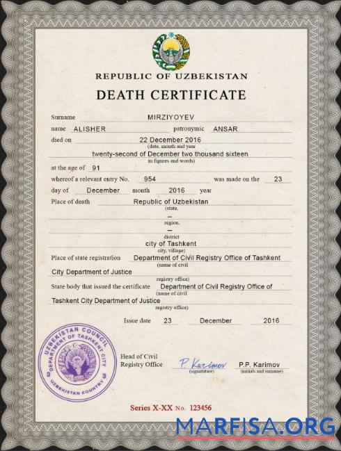 Realistic Uzbekistan death certificate template
